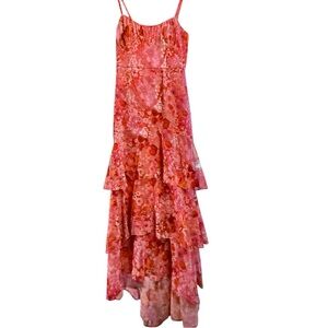 Hutch Anthropologie Pink Red Orange Floral Tiered Ruffle Maxi Dress NWOT